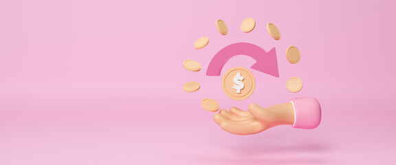 Cashback and money refund icon, saving money concept. Cash back rebate, financial services, return on investment, savings account, currency exchange. Online payment on pink background. 3d rendering