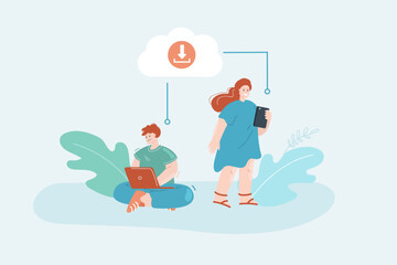 Colleagues with laptop and phone sharing files via internet. Office man and woman downloading files via online service flat vector illustration. Internet, communication, network concept for banner