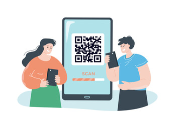 Happy couple with phones and huge smartphone with QR code. Scanning QR code using mobile app flat vector illustration. Shopping, technology concept for banner, website design or landing web page