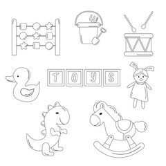 Collection of children's toys outline. Drum, doll, toys, dinosaur, pony, cubes