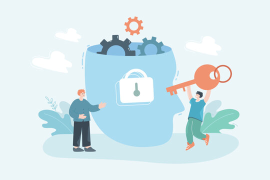 Tiny person opening lock on huge head using big key. Man unlocking creative mind flat vector illustration. Creativity, solution, imagination concept for banner, website design or landing web page