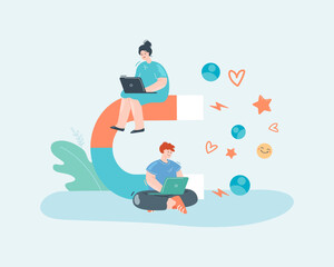 Content creators with laptops and magnet attracting followers. Freelance workers using marketing strategies on social media flat vector illustration. Creativity, communication concept for banner