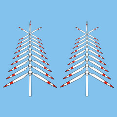 Set of color illustrations with Christmas tree made of propellers, windmill blades, wind turbine. Isolated vector objects.