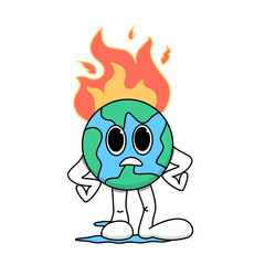 Cartoon planet Earth stands in a displeased pose. She's on fire. The concept of the problem of global warming, care for the ecology. Doodle style. Stock vector illustration of planet Earth. 