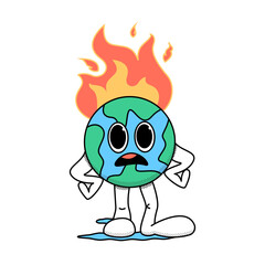 Cartoon planet Earth stands in a displeased pose. She's on fire. The concept of the problem of global warming, care for the ecology. Doodle style. Stock vector illustration of planet Earth. 