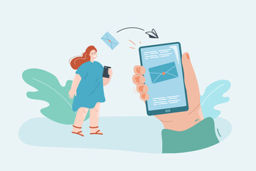 Hand holding smartphone with message sent by happy woman. Colleague or friend sending letter via mobile app flat vector illustration. Communication, e-mail concept for banner or landing web page