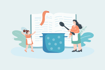 Tiny mother and daughter cooking together using huge recipe book. Woman and little girl next to big pot flat vector illustration. Family, cooking concept for banner, website design or landing web page