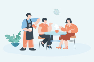 Man and woman talking while drinking coffee or tea at cafe. Barista making coffee for couple flat vector illustration. Coffee shop, communication concept for banner, website design or landing web page