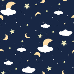 Obraz na płótnie Canvas Seamless pattern of the night sky with stars, moon, clouds. Suitable for printing on textiles and paper. Gift wrapping, clothes, postcard, bed linen.