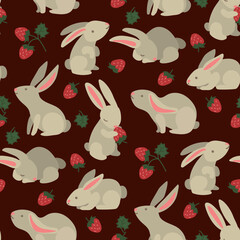 Fototapeta premium Seamless pattern of rabbits with strawberries. A cheerful hare with strawberries in the garden. Suitable for printing on textiles and paper. Gift wrapping, clothes, postcards, bed linen.