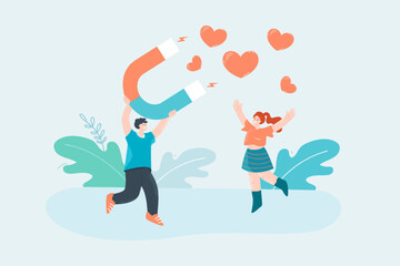 Man attracting hearts with magnet and happy woman. Male character attracting female flat vector illustration. Love, romance, relationship concept for banner, website design or landing web page