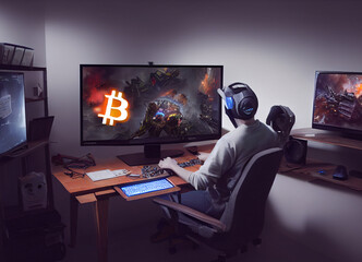 Playing computer games,  gamer looking at monitor and play to earn money, crypto gaming concept, action on the screen  - obrazy, fototapety, plakaty