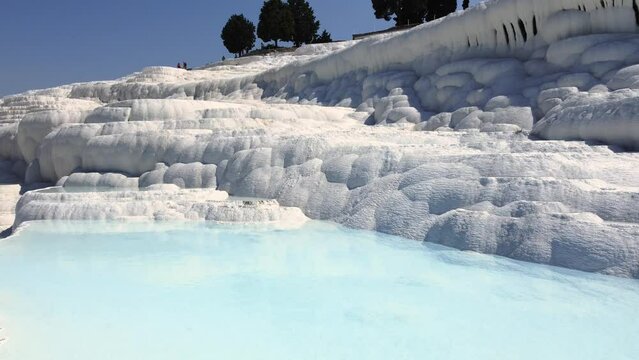 Aerial view Natural travertine pools and terraces in Pamukkale, Cotton castle in Turkey, UNESCO World Heritage, Denizli, Pamukkale geothermal springs, travertine terraces, ancient city of Hierapolis