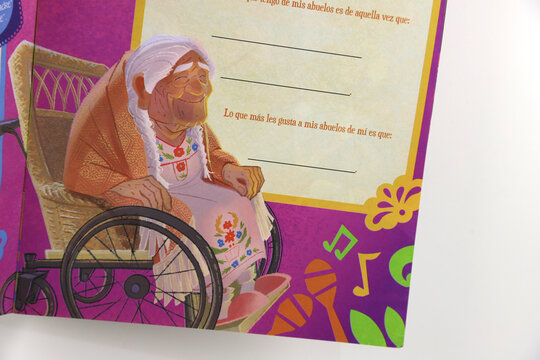 Grandma Coco. Children's activity magazine with the theme of the movie Coco. Disney - Pixar. Miguel and Ernesto De La Cruz. Dante the xoloitzcuintli dog. Book to color, learn and have fun.