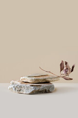 Stone podium mock up with dry leaves, mock up for product cosmetic