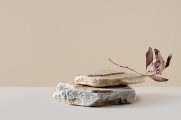 Stone podium mock up with dry leaves, mock up for product cosmetic