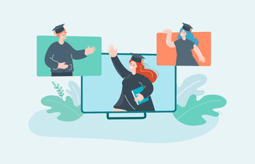 Happy female student in graduation hat on computer screen. People in computer window frames, online graduation ceremony flat vector illustration. Online education, graduation concept for banner