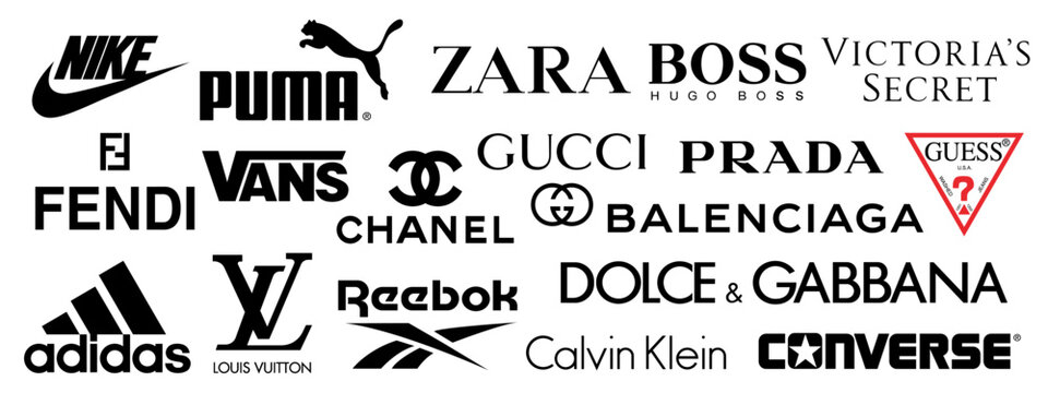 Vetor de Vector logos of popular clothing brands such as: Chanel, Louis  Vuitton, Prada, Gucci, Fendi, Hugo Boss, Calvin Klein, Nike, Reebok...  Logos on an isolated background for your design. Vector EPS