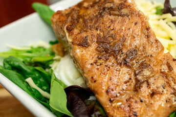 Ginger Soy Salmon Salad
- Ginger Soy Salmon on a bed of mixed greens, mozzarella cheese, and hard boiled eggs 