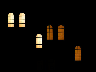 Abstract image of illuminated arch windows on a dark church wall at night