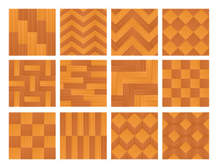 Wooden parquet texture set. Vector illustrations of parquetry and laminate tiles. Cartoon floor panels with geometric strips, herringbone, checkerboard charts isolated on white. Carpentry concept