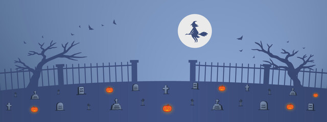 Cemetery Background Halloween with pumpkin lantern, bats flying and witch riding her broom vector illustration. Suitable for social media post, feed, editable and simple Halloween background design.