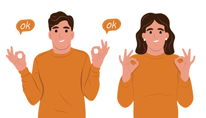 Happy positive people, man and woman gesturing with hands, fingers. They express love, support, understanding, solidarity.Flat vector illustration