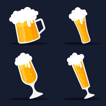 Collection of glasses of beer with foam or froth. Set of mugs of ale. Alcoholic beverage in bar, pub, and restaurant. Symbol of drink for celebration. Cartoon vector illustration. Flat graphic icon. 