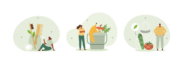 Zero waste illustration set. Characters using cotton crochet bag and other plastic free items. People separating organic waste and reducing negative effects of climate. Vector illustration.