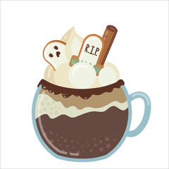 Glass glass with hot chocolate and Halloween cookies. Flat style vector illustration.
