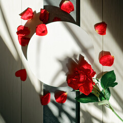 A fresh red rose and a round empty frame are brightly illuminated by the light from the window. Nearby on a white table are petals and a heart shape. Romantic flower arrangement with copy space.