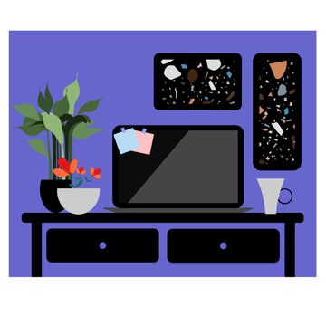 Workplace concept. Office black table. Design for co working. Desktop with computer, coffee mug, reminder stickers, organized, plant,picturs.	
