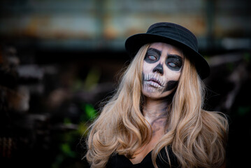 Portrait of woman make up ghost face,Mexico City’s Day of the Dead parade on Sunday honored those killed in two recent earthquakes,Thailand people - obrazy, fototapety, plakaty