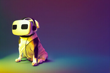 Funny dog wearing vr headset looking upward, studio photography. Copy space, cute dogs human actions