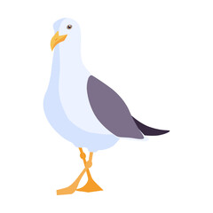 Fototapeta premium Cartoon beach seagull flying in sky vector illustration. Isolated flat gull sitting on blue background. Atlantic bird, nature concept
