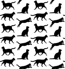 Vector seamless pattern of flat hand drawn cats silhouette isolated on white background
