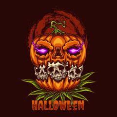 halloween pumpkin eating skull vector illustration