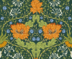 Floral seamless pattern with big orange flowers on dark green background. Vector illustration. - 539221196