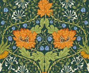Fototapeten Floral seamless pattern with big orange flowers on dark green background. Vector illustration. © yblaz