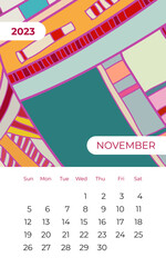 2023 November calendar abstract contemporary art vector. Desk screen desktop month 11 2023, colorful 2023 calendar template agenda pattern. Psychedelic calendar day planner start Sunday. November page