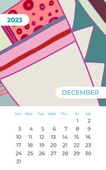 2023 December calendar abstract contemporary art vector. Desk, screen, desktop month 12, 2023, colorful 2023 calendar template, agenda. Psychedelic calendar, day planner starts Sunday. December page