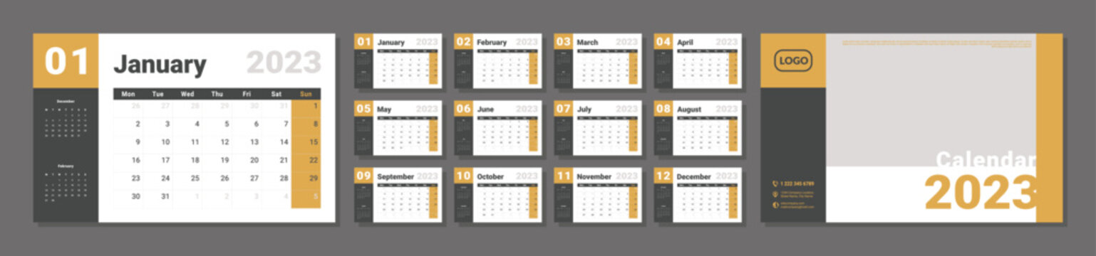 Set of 2023 Calendar Planner Template, and cover with Place for Photo, Company Logo. Vector layout of a wall or desk simple calendar with week start monday in yellow and grey color for print