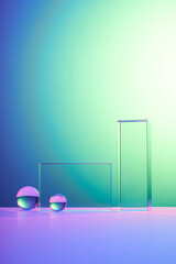 Glass platform minimal scene with glass geometric stages on a gradient cold color background. The...