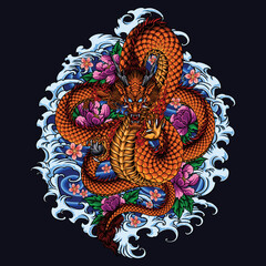 dragon with waves and flowers background vector illustration