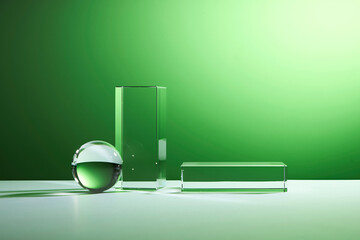 Glass sphere, transparent pedestals on the green gradient background. Minimal scene with podium for...