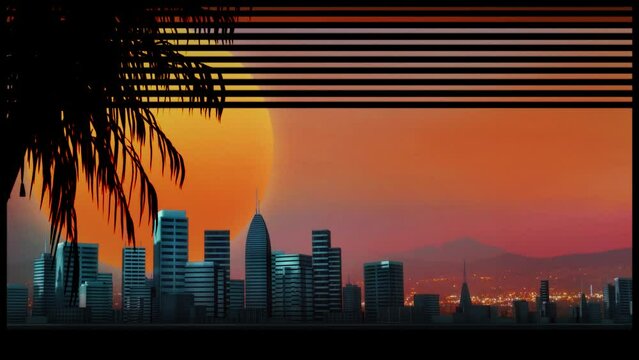 Looking through a retro window, concept animation loop. New retro wave city graphic style 3D illustration background, with a big red sun, a palm tree and copy space