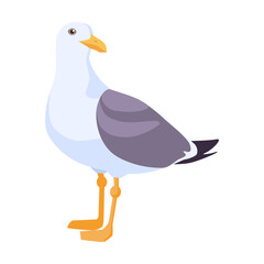 Cartoon beach seagull flying in sky vector illustration. Gull sitting on white background