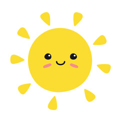 Vector hand drawn flat sun with face isolated on white background