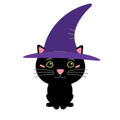 Vector flat cartoon black halloween cat with witch hat isolated on white background