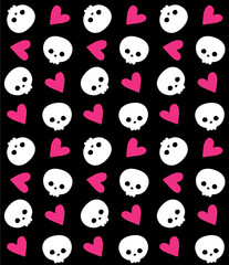 Vector seamless pattern of hand drawn flat skull and hearts isolated on black background